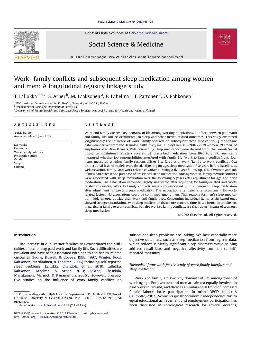 Work–family conflicts and subsequent sleep medication among women and men: A longitudinal registry linkage study