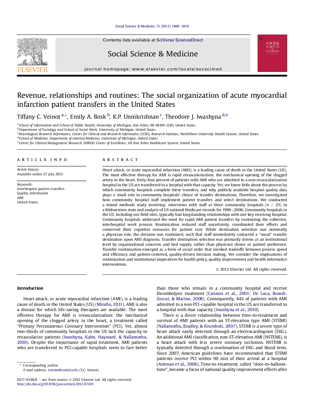 Revenue, relationships and routines: The social organization of acute myocardial infarction patient transfers in the United States