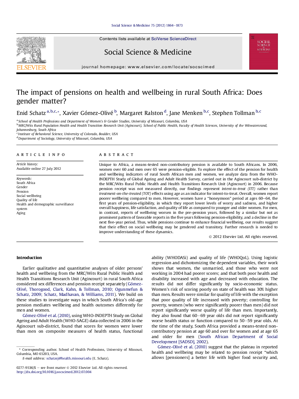 The impact of pensions on health and wellbeing in rural South Africa: Does gender matter?