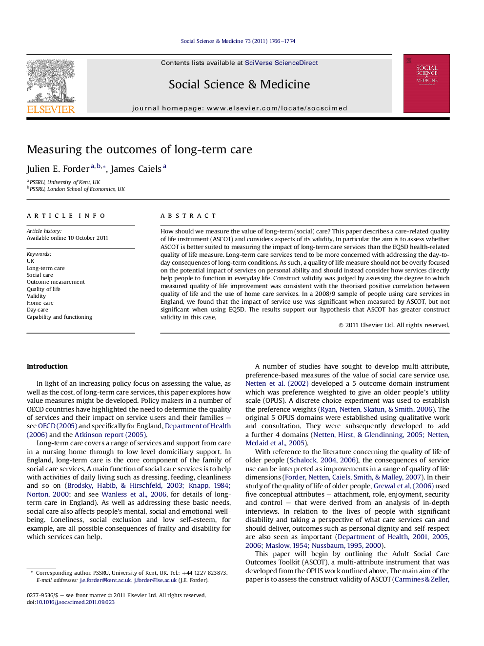 Measuring the outcomes of long-term care