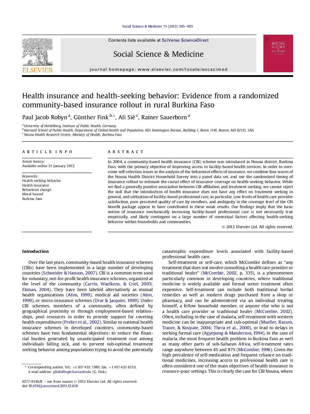 Health insurance and health-seeking behavior: Evidence from a randomized community-based insurance rollout in rural Burkina Faso