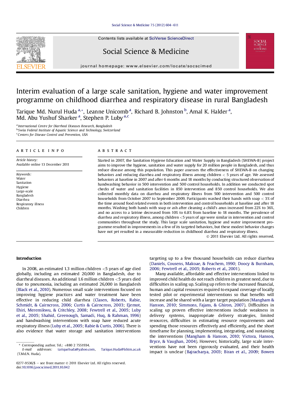 Interim evaluation of a large scale sanitation, hygiene and water improvement programme on childhood diarrhea and respiratory disease in rural Bangladesh