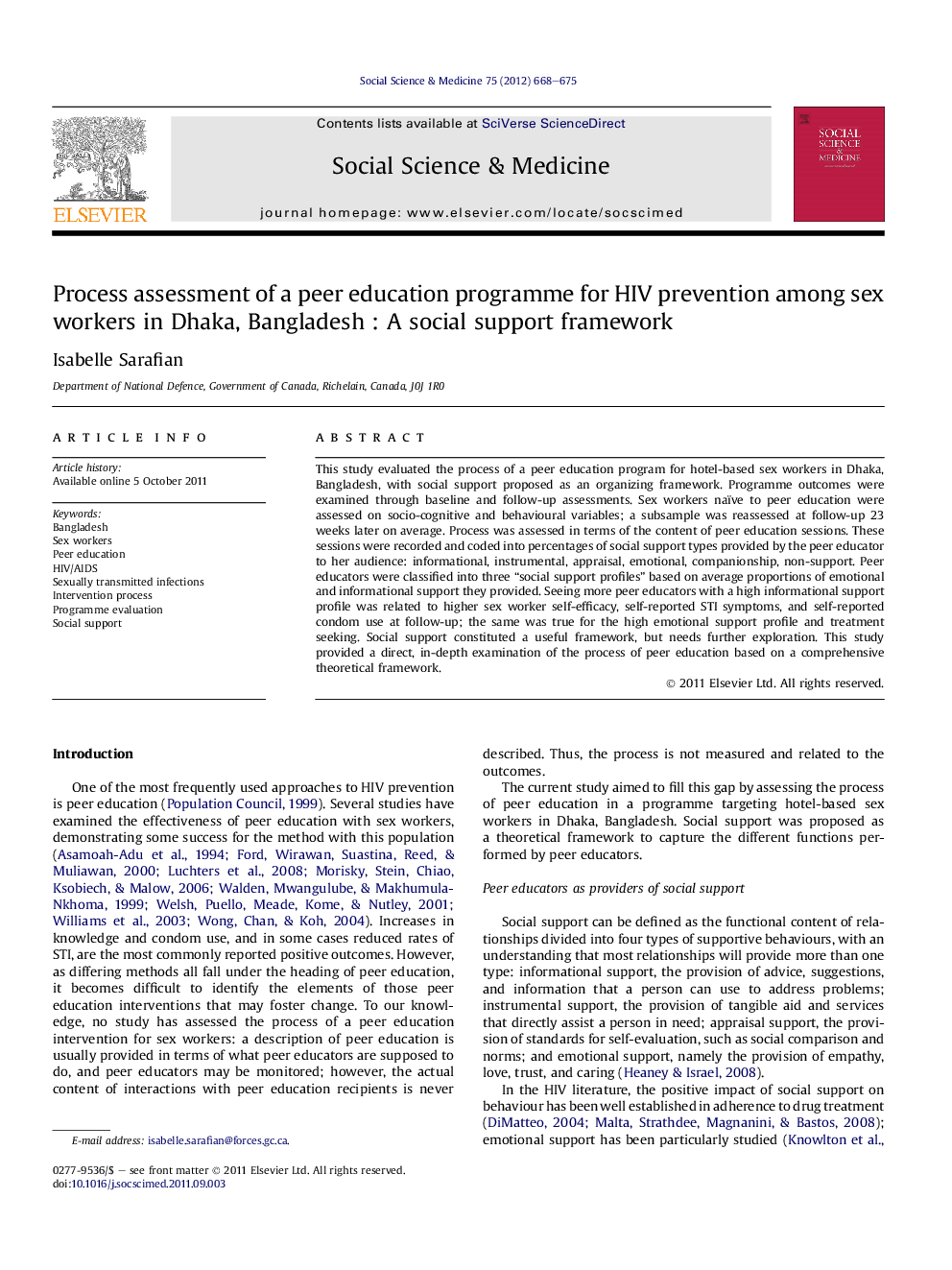 Process assessment of a peer education programme for HIV prevention among sex workers in Dhaka, Bangladesh : A social support framework