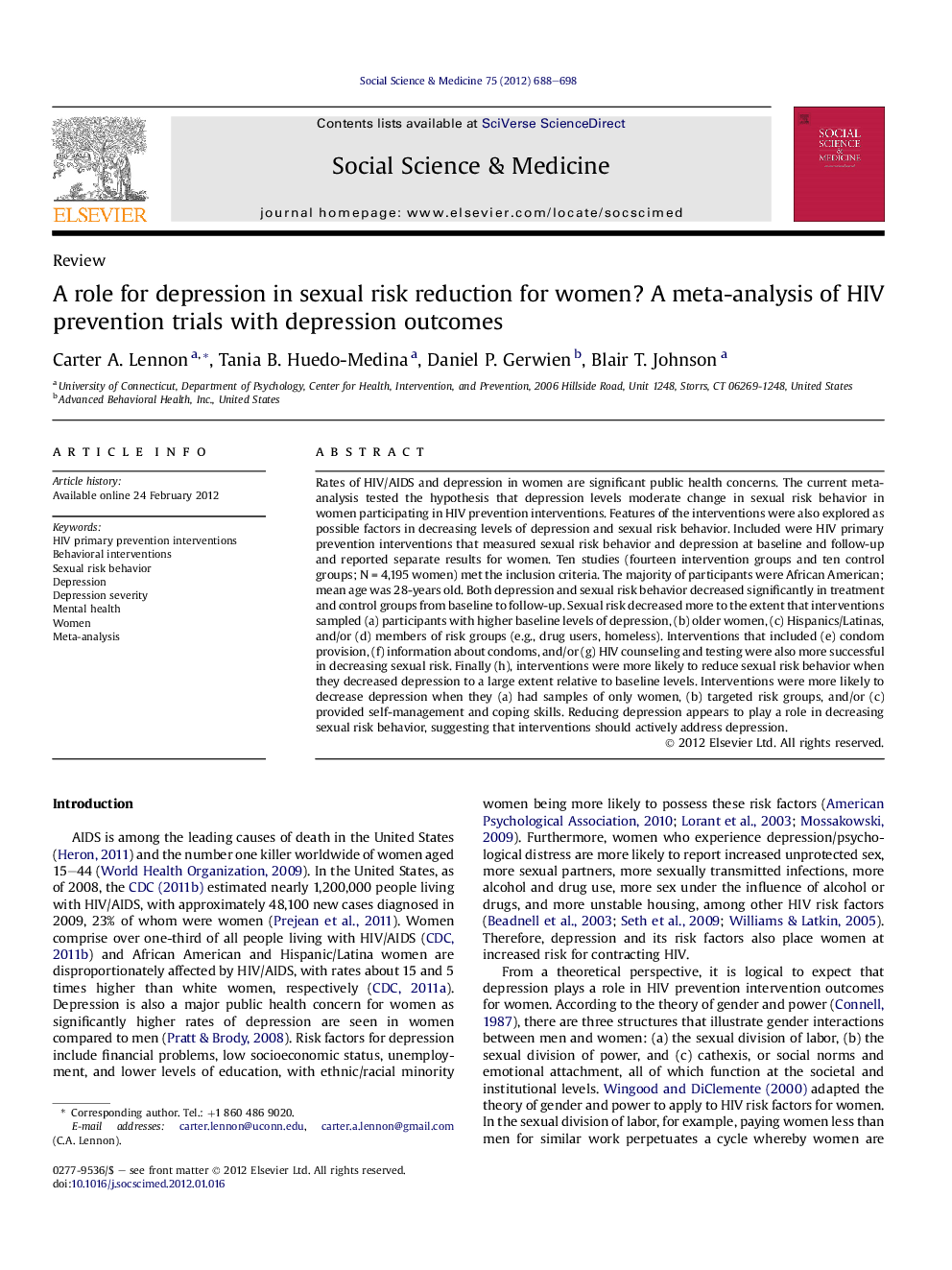 A role for depression in sexual risk reduction for women? A meta-analysis of HIV prevention trials with depression outcomes