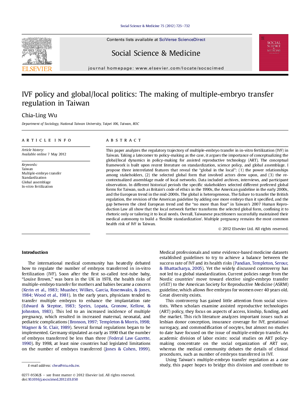 IVF policy and global/local politics: The making of multiple-embryo transfer regulation in Taiwan