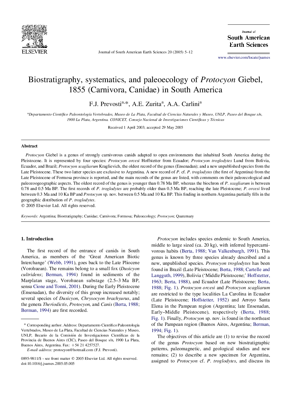 Biostratigraphy, systematics, and paleoecology of Protocyon Giebel, 1855 (Carnivora, Canidae) in South America