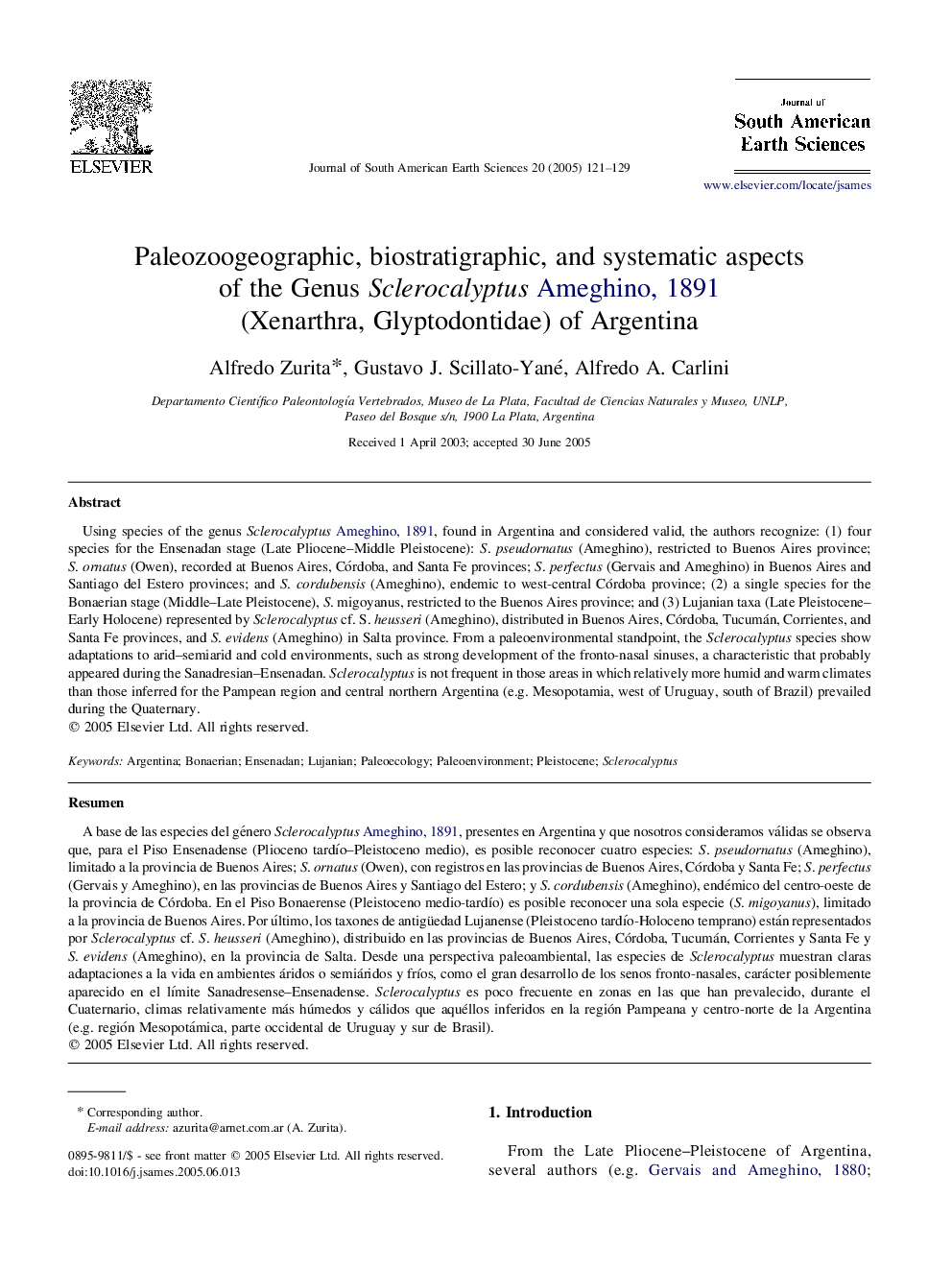 Paleozoogeographic, biostratigraphic, and systematic aspects of the Genus SclerocalyptusAmeghino, 1891 (Xenarthra, Glyptodontidae) of Argentina