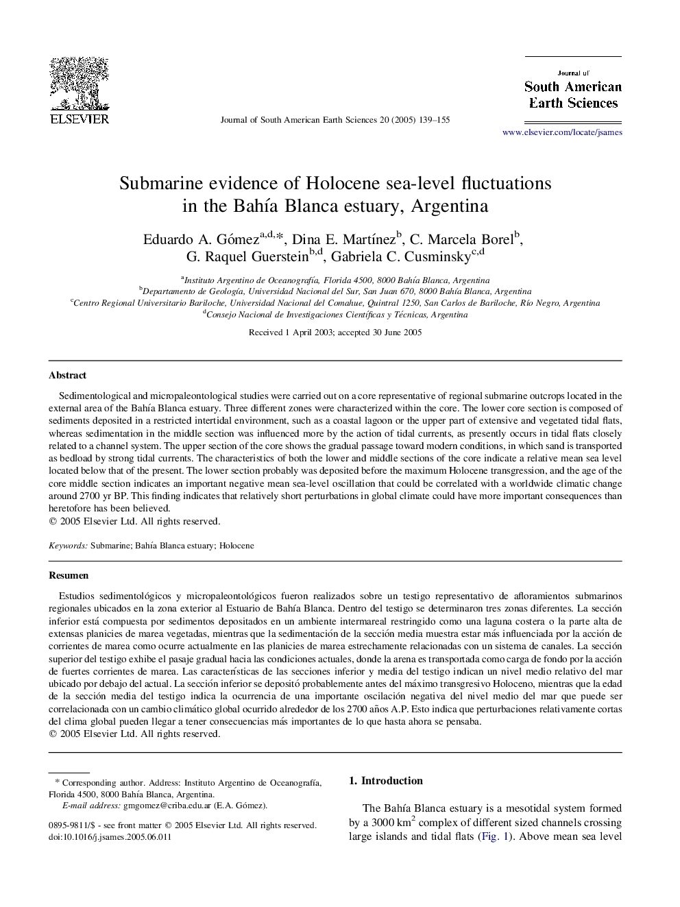 Submarine evidence of Holocene sea-level fluctuations in the BahÃ­a Blanca estuary, Argentina