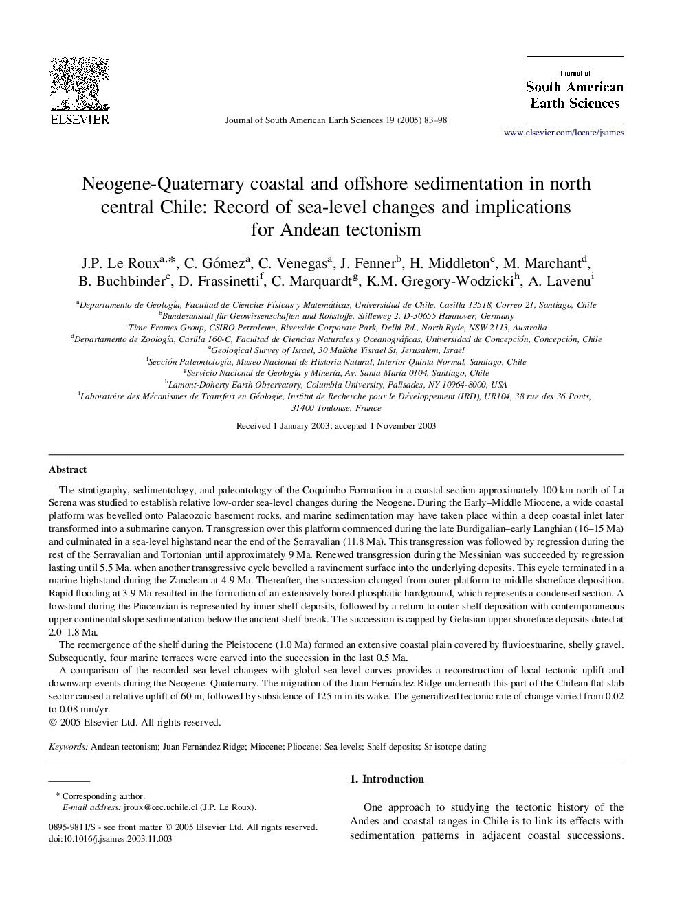 Neogene-Quaternary coastal and offshore sedimentation in north central Chile: Record of sea-level changes and implications for Andean tectonism