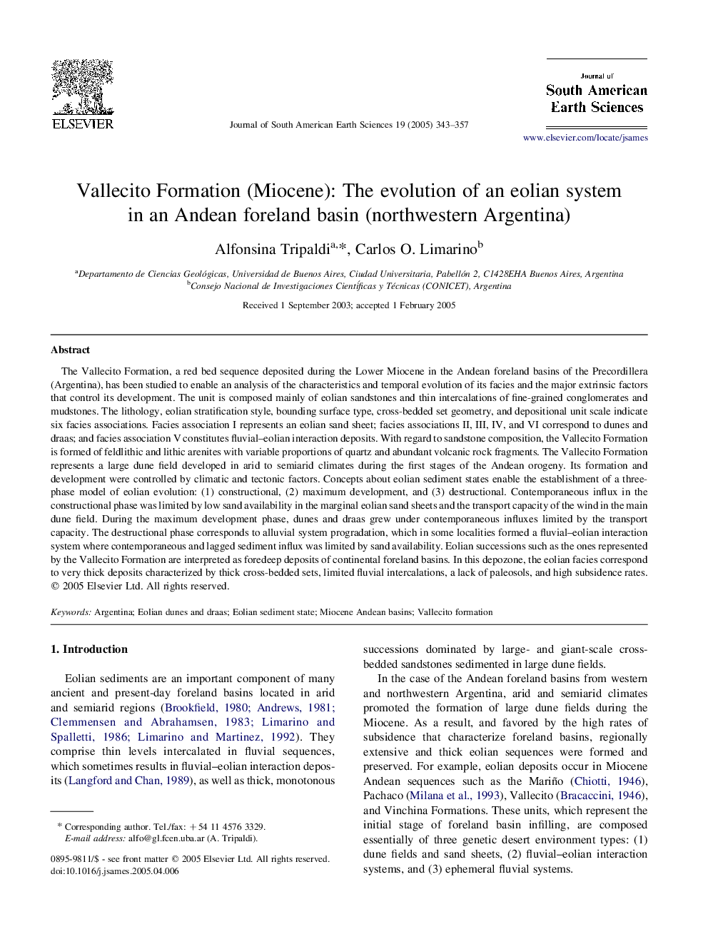 Vallecito Formation (Miocene): The evolution of an eolian system in an Andean foreland basin (northwestern Argentina)