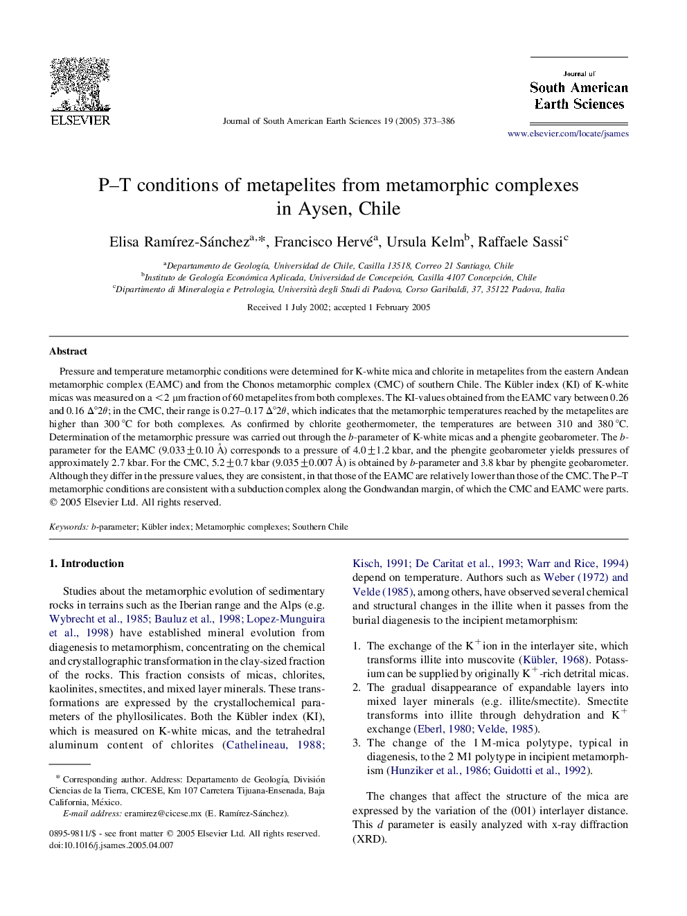 P-T conditions of metapelites from metamorphic complexes in Aysen, Chile