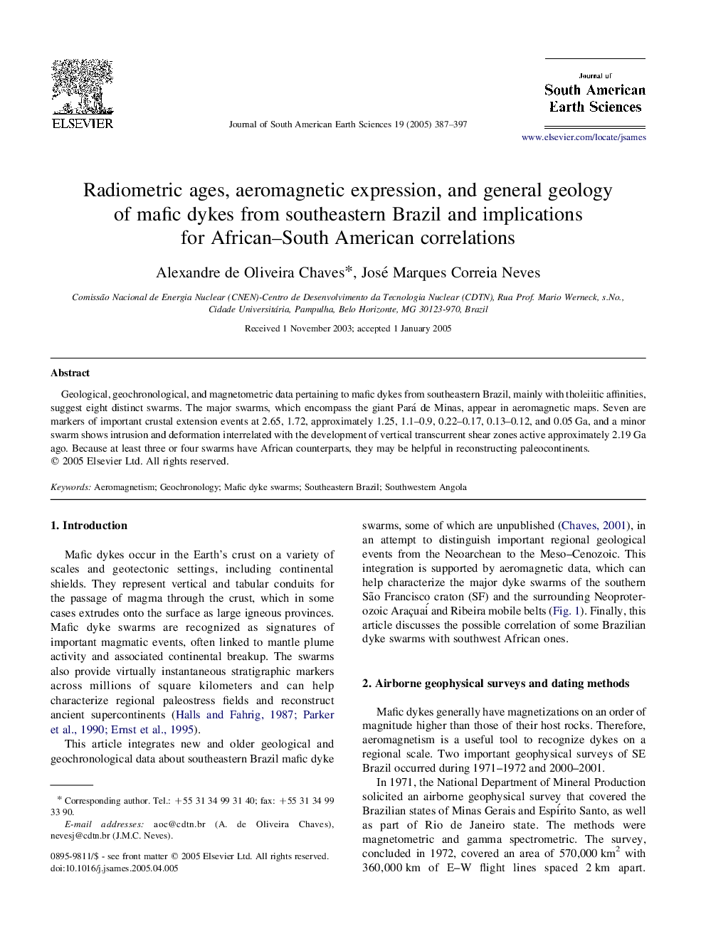 Radiometric ages, aeromagnetic expression, and general geology of mafic dykes from southeastern Brazil and implications for African-South American correlations