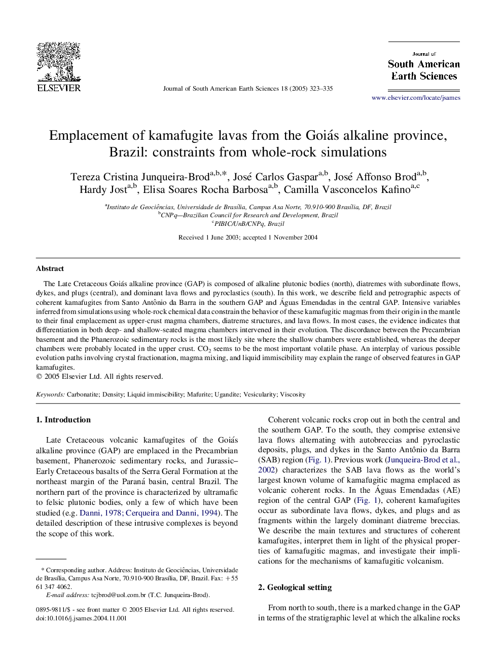 Emplacement of kamafugite lavas from the Goiás alkaline province, Brazil: constraints from whole-rock simulations