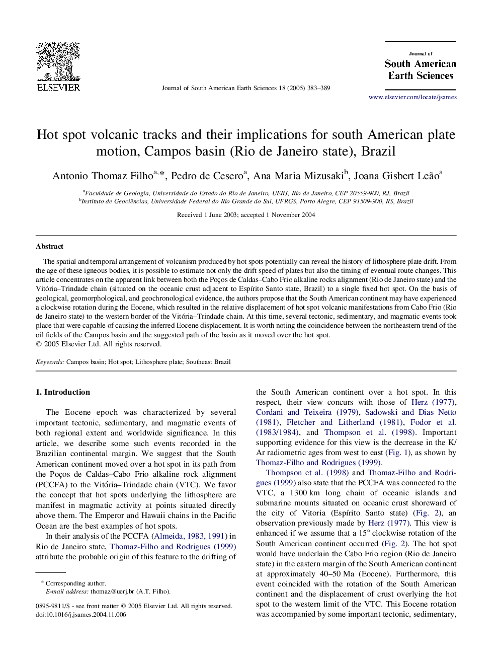 Hot spot volcanic tracks and their implications for south American plate motion, Campos basin (Rio de Janeiro state), Brazil