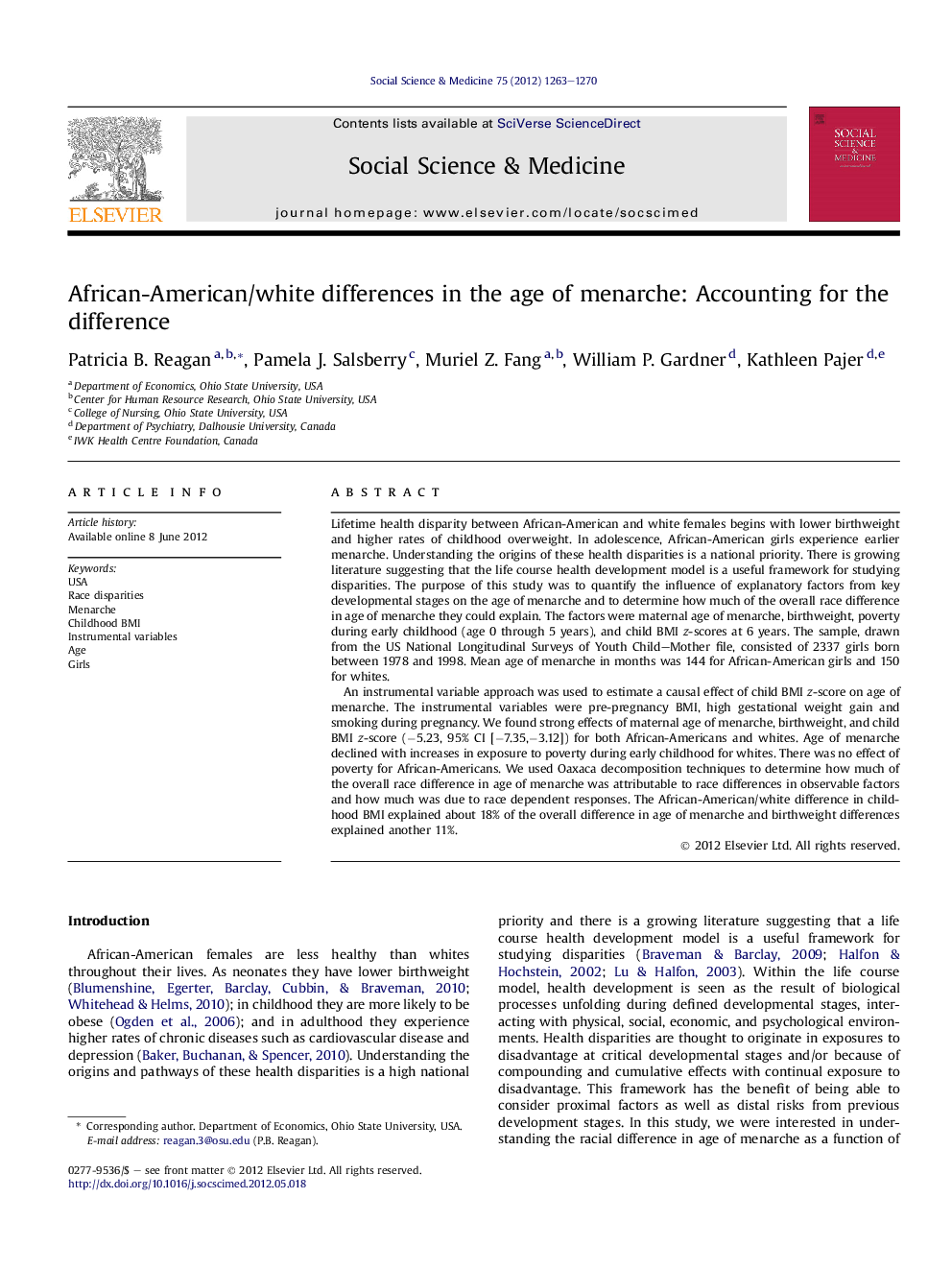 African-American/white differences in the age of menarche: Accounting for the difference