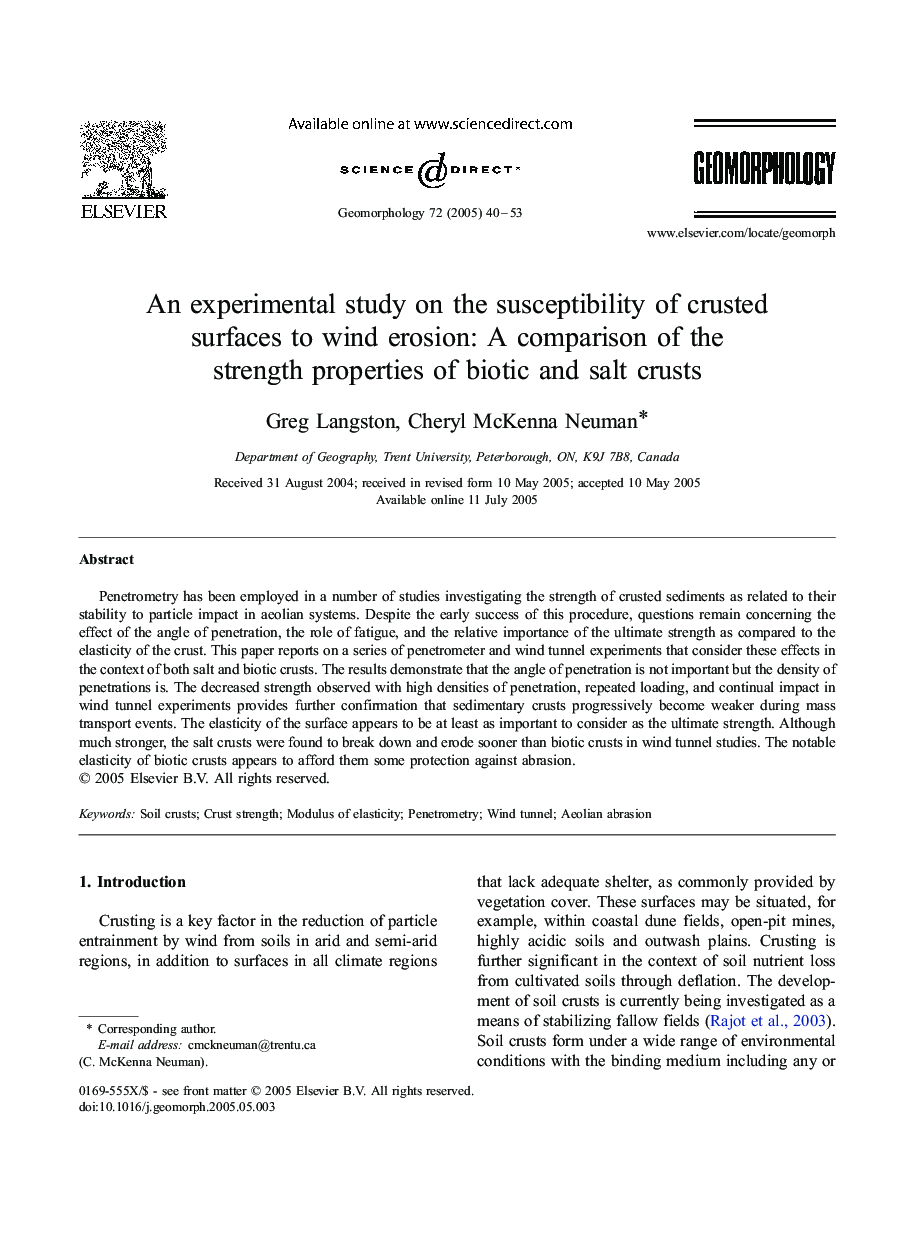 An experimental study on the susceptibility of crusted surfaces to wind erosion: A comparison of the strength properties of biotic and salt crusts