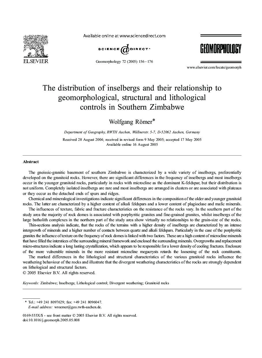 The distribution of inselbergs and their relationship to geomorphological, structural and lithological controls in Southern Zimbabwe