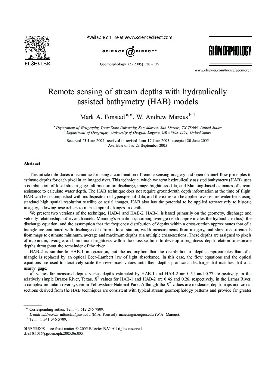 Remote sensing of stream depths with hydraulically assisted bathymetry (HAB) models