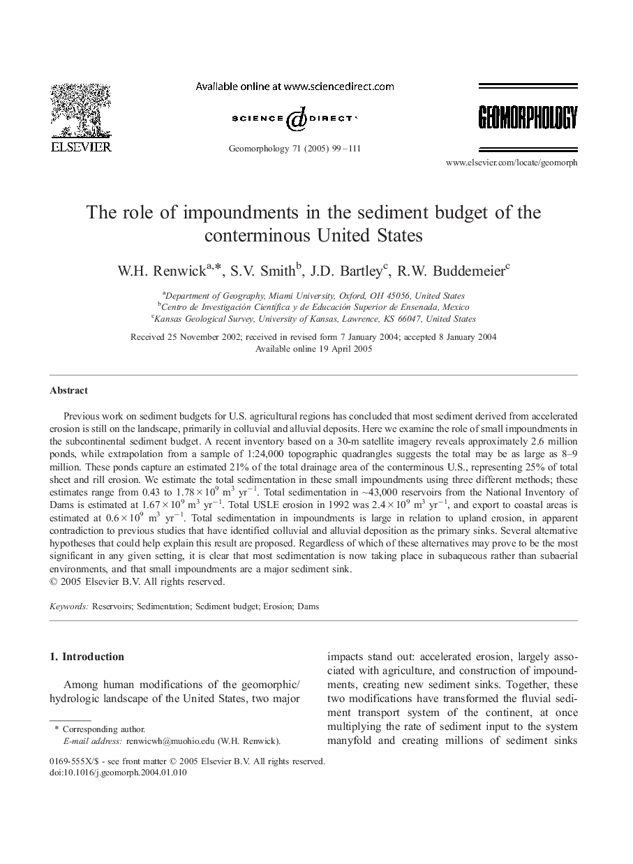 The role of impoundments in the sediment budget of the conterminous United States