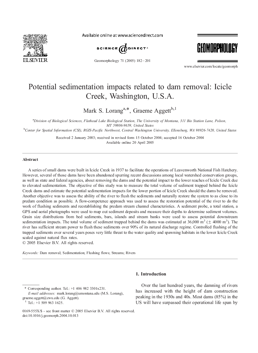 Potential sedimentation impacts related to dam removal: Icicle Creek, Washington, U.S.A.