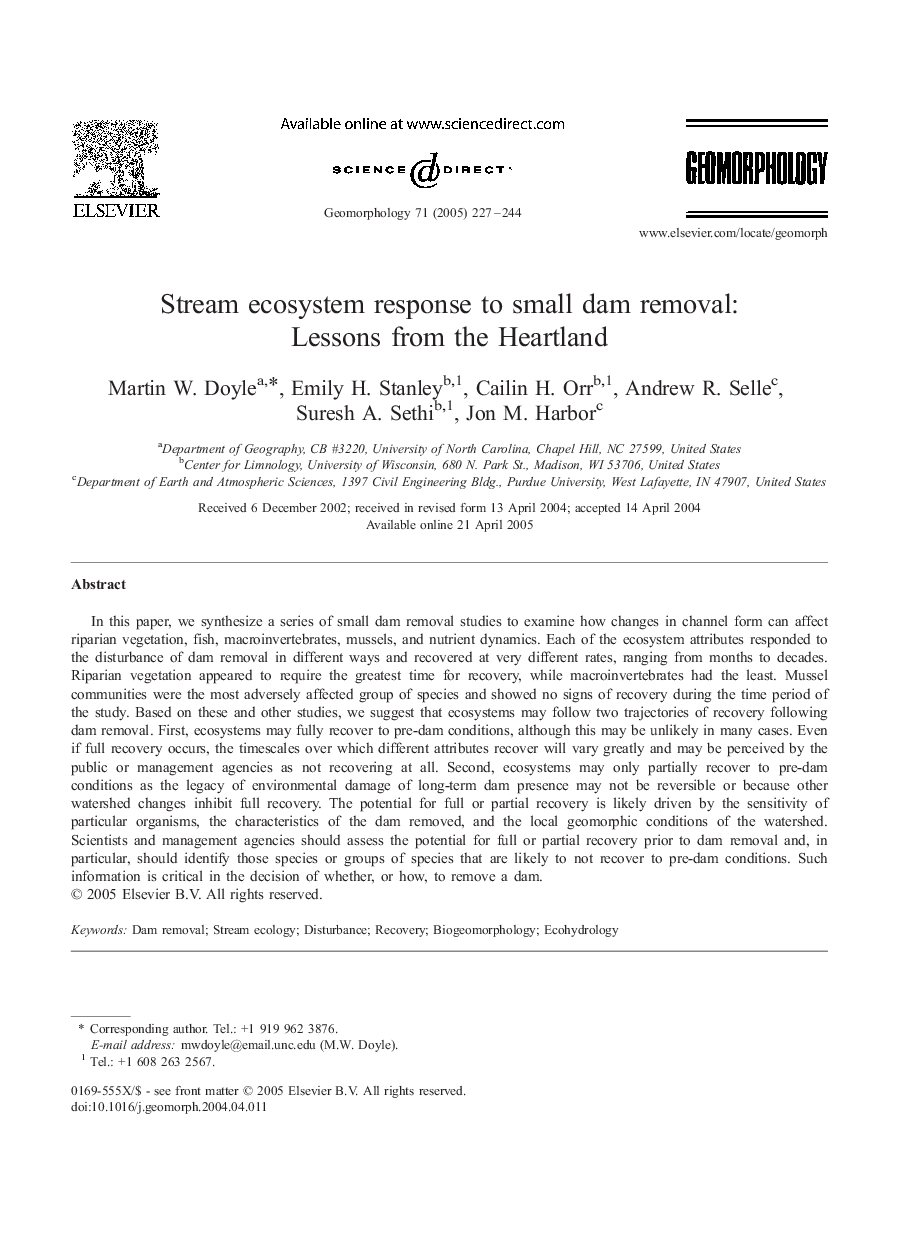 Stream ecosystem response to small dam removal: Lessons from the Heartland