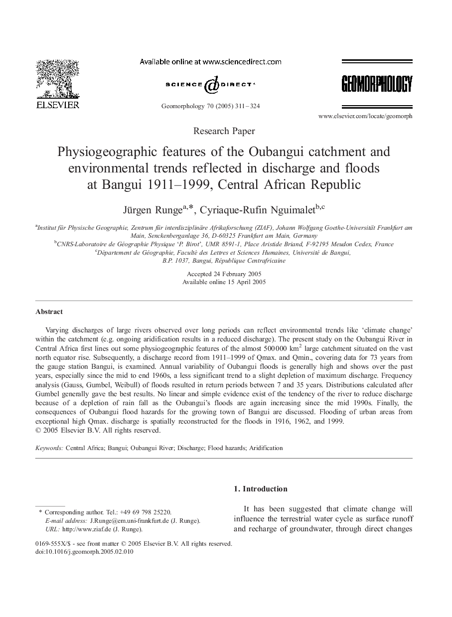 Physiogeographic features of the Oubangui catchment and environmental trends reflected in discharge and floods at Bangui 1911-1999, Central African Republic