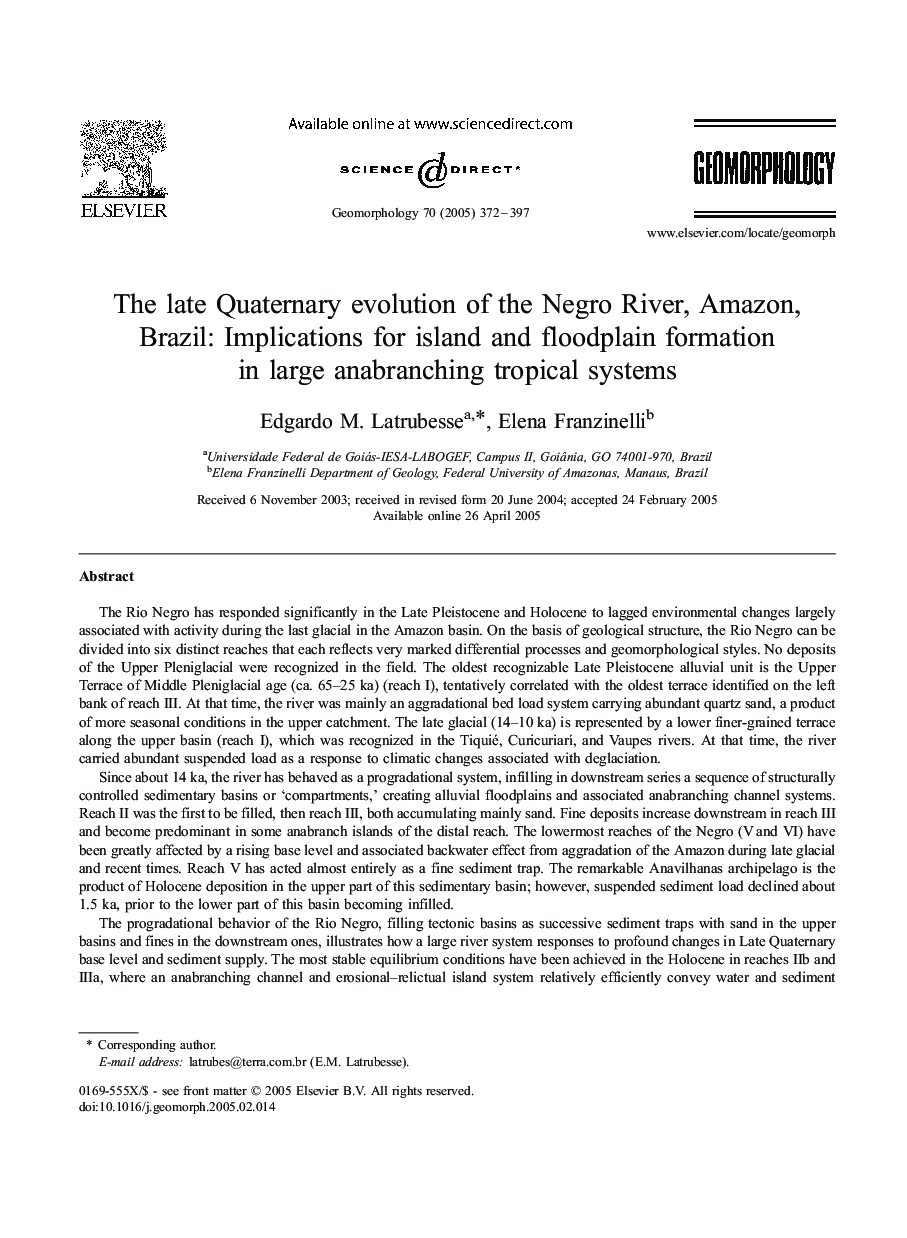 The late Quaternary evolution of the Negro River, Amazon, Brazil: Implications for island and floodplain formation in large anabranching tropical systems