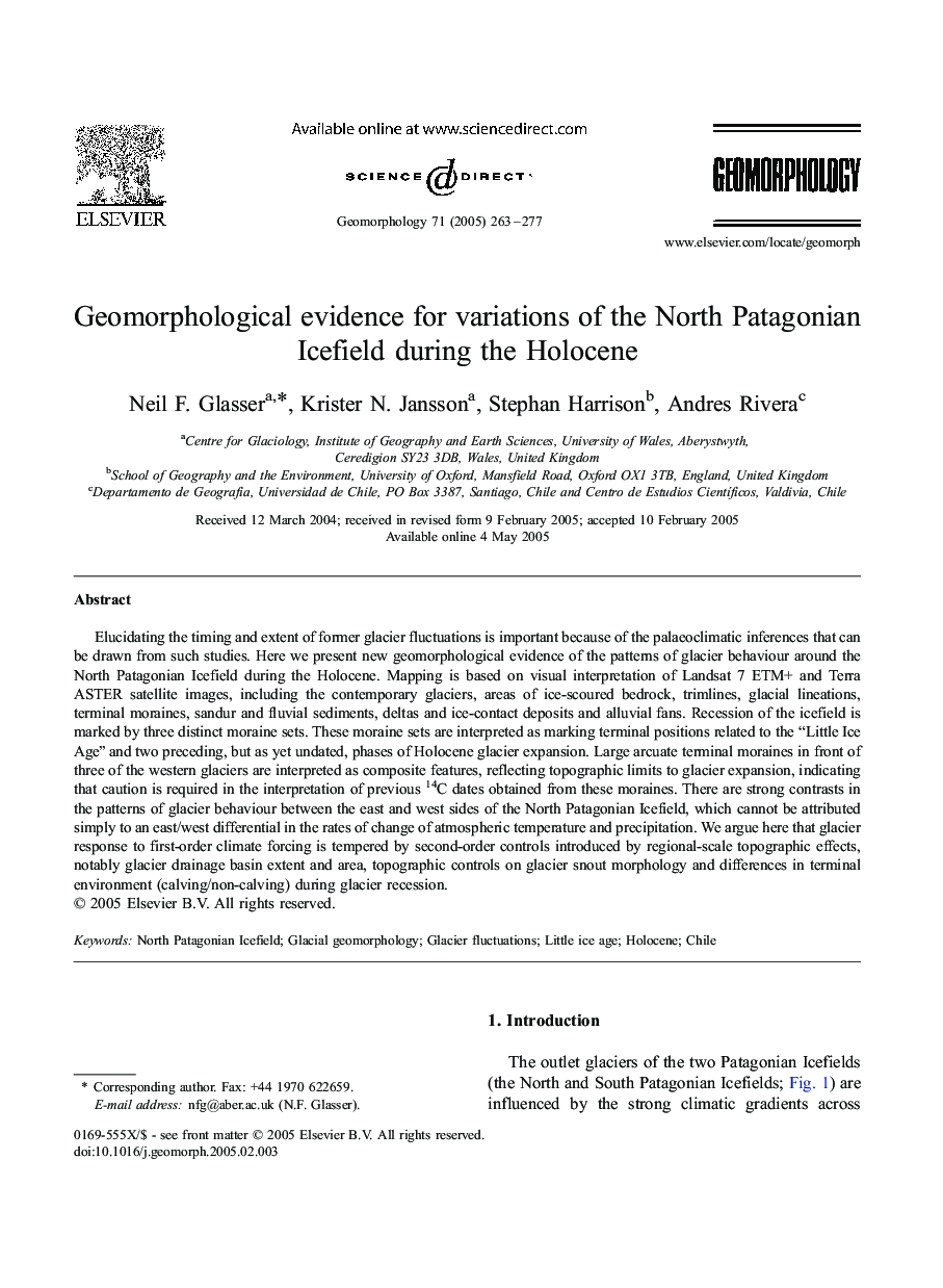 عکس صفحه اول مقاله: Geomorphological evidence for variations of the North Patagonian Icefield during the Holocene Geomorphological evidence for variations of the North Patagonian Icefield during the Holocene
