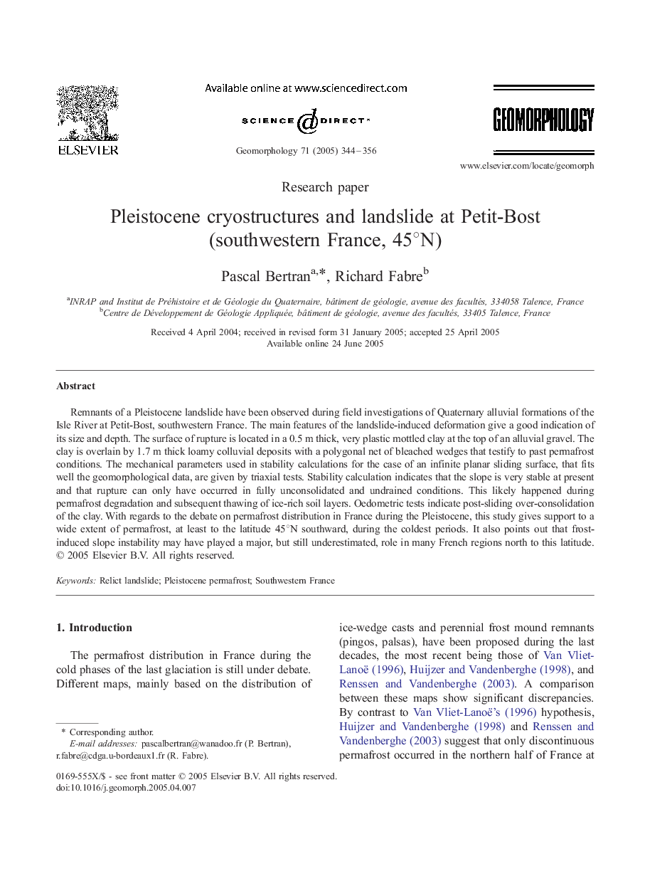 Pleistocene cryostructures and landslide at Petit-Bost (southwestern France, 45Â°N)