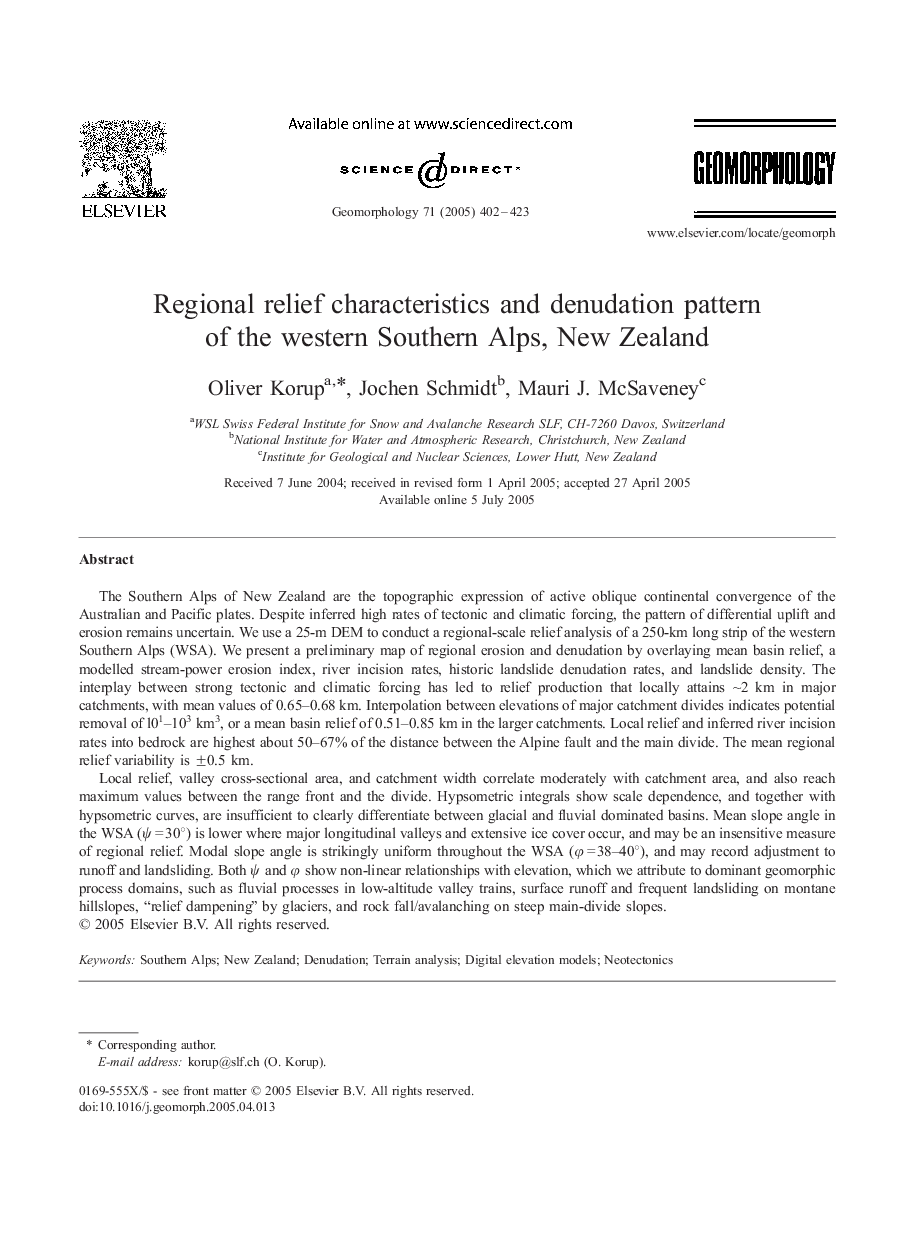 Regional relief characteristics and denudation pattern of the western Southern Alps, New Zealand