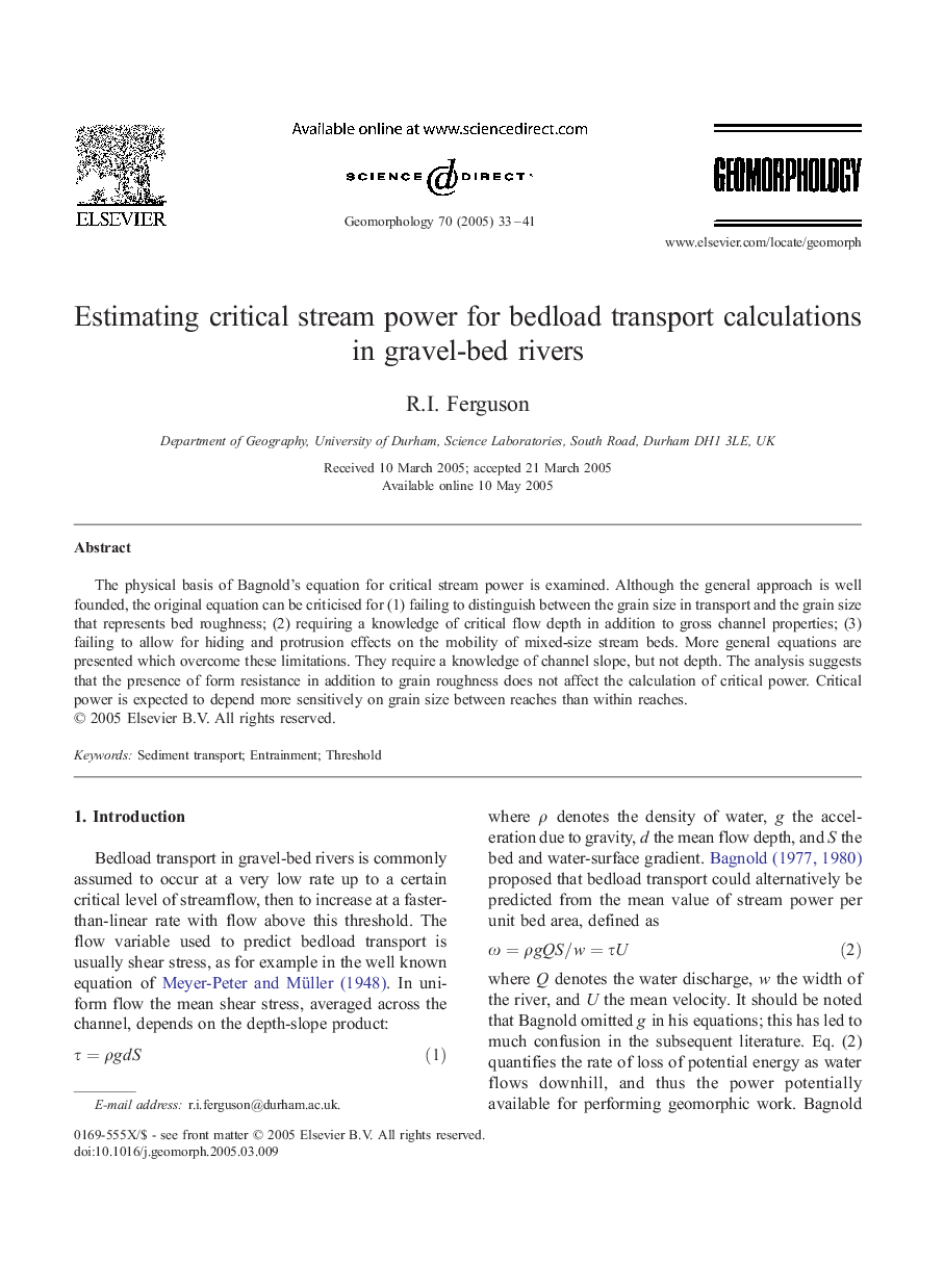 Estimating critical stream power for bedload transport calculations in gravel-bed rivers