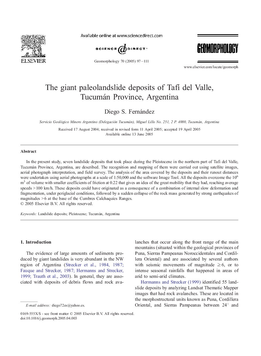 The giant paleolandslide deposits of TafÃ­ del Valle, Tucumán Province, Argentina