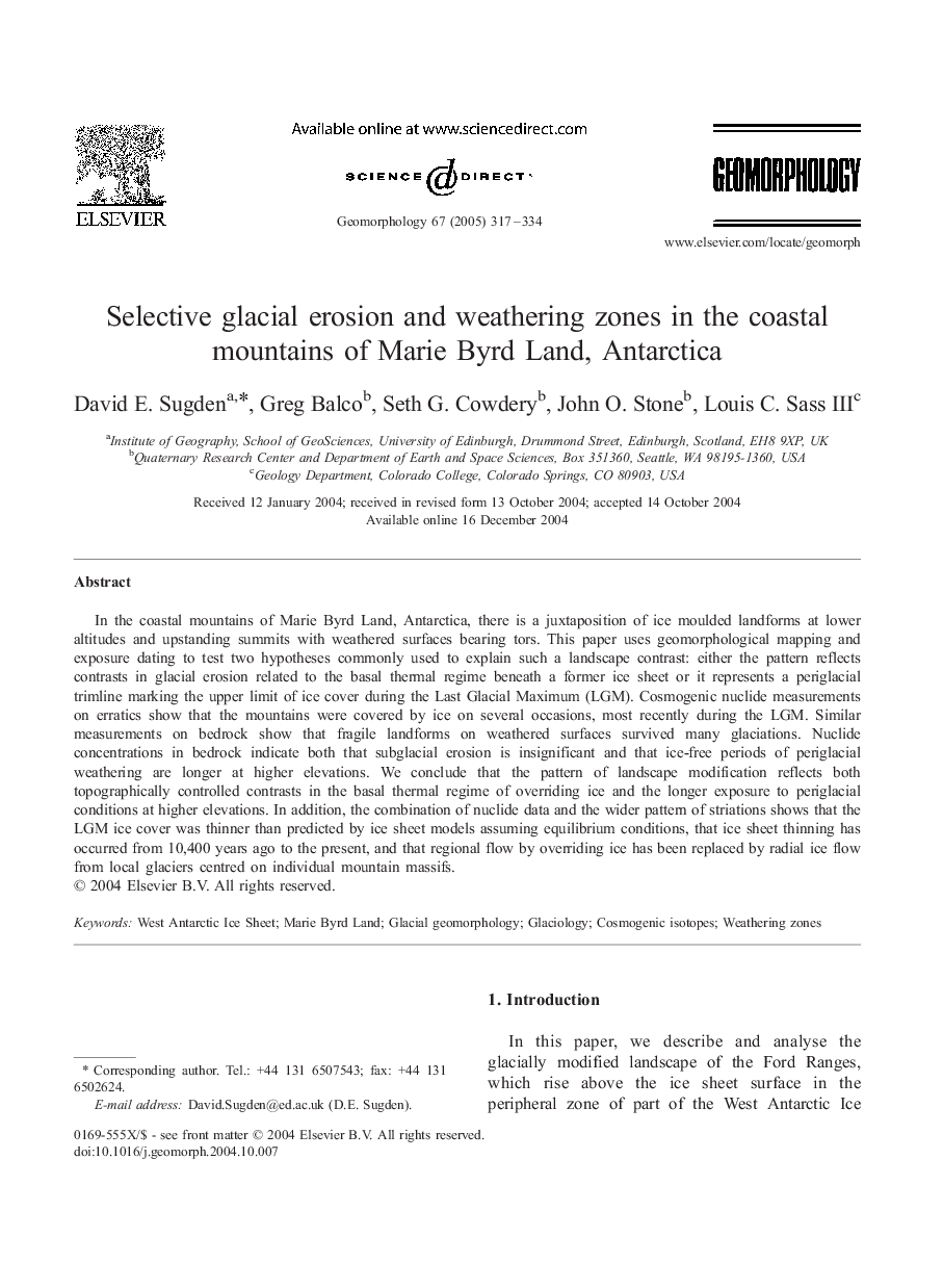 Selective glacial erosion and weathering zones in the coastal mountains of Marie Byrd Land, Antarctica