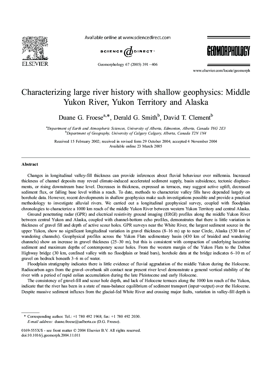 Characterizing large river history with shallow geophysics: Middle Yukon River, Yukon Territory and Alaska