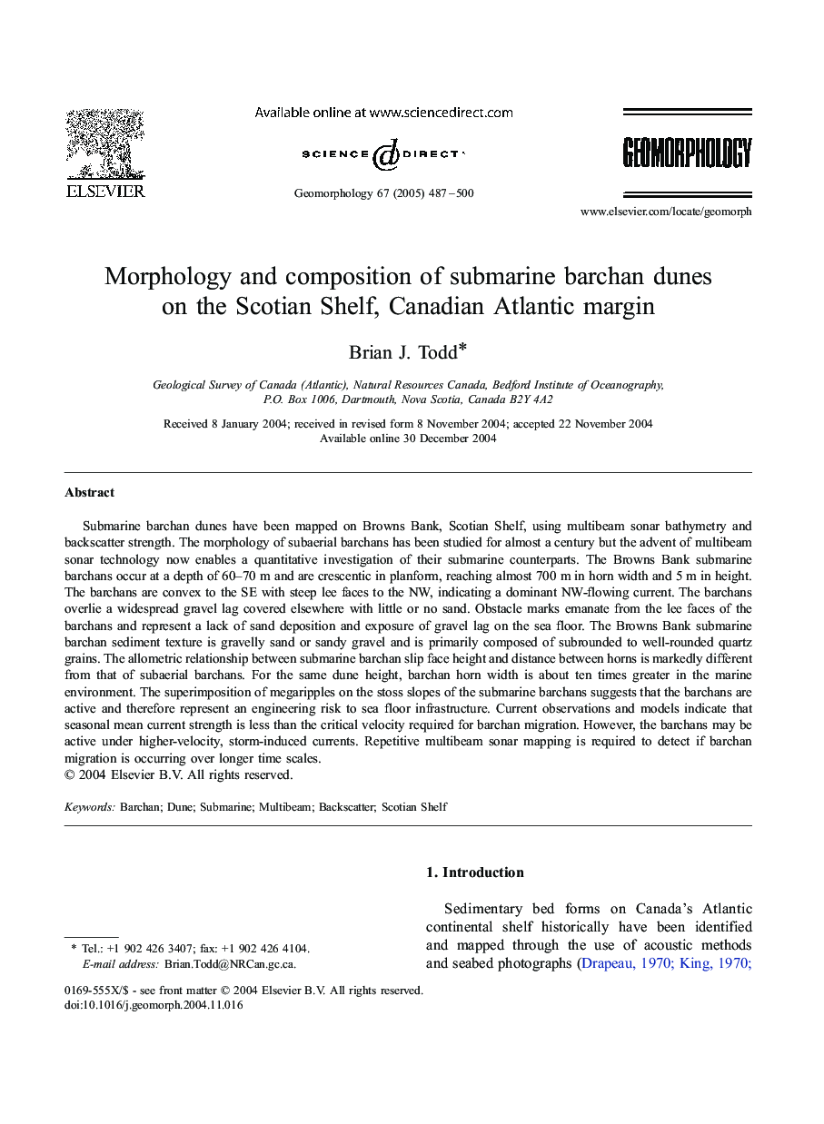 Morphology and composition of submarine barchan dunes on the Scotian Shelf, Canadian Atlantic margin