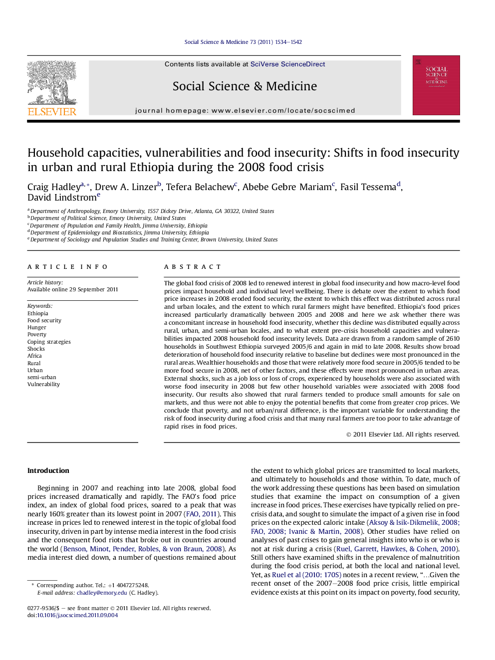 Household capacities, vulnerabilities and food insecurity: Shifts in food insecurity in urban and rural Ethiopia during the 2008 food crisis