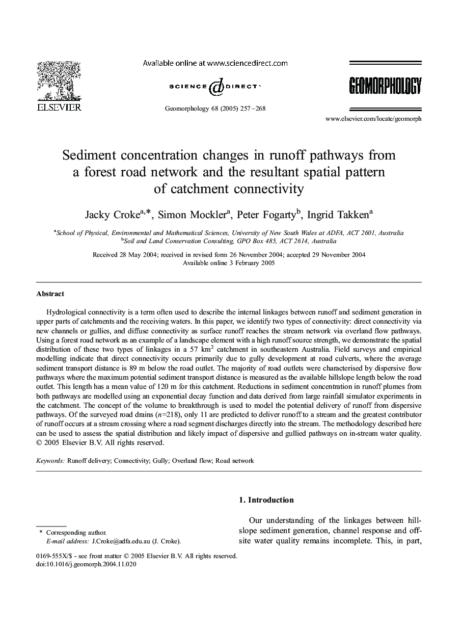 Sediment concentration changes in runoff pathways from a forest road network and the resultant spatial pattern of catchment connectivity