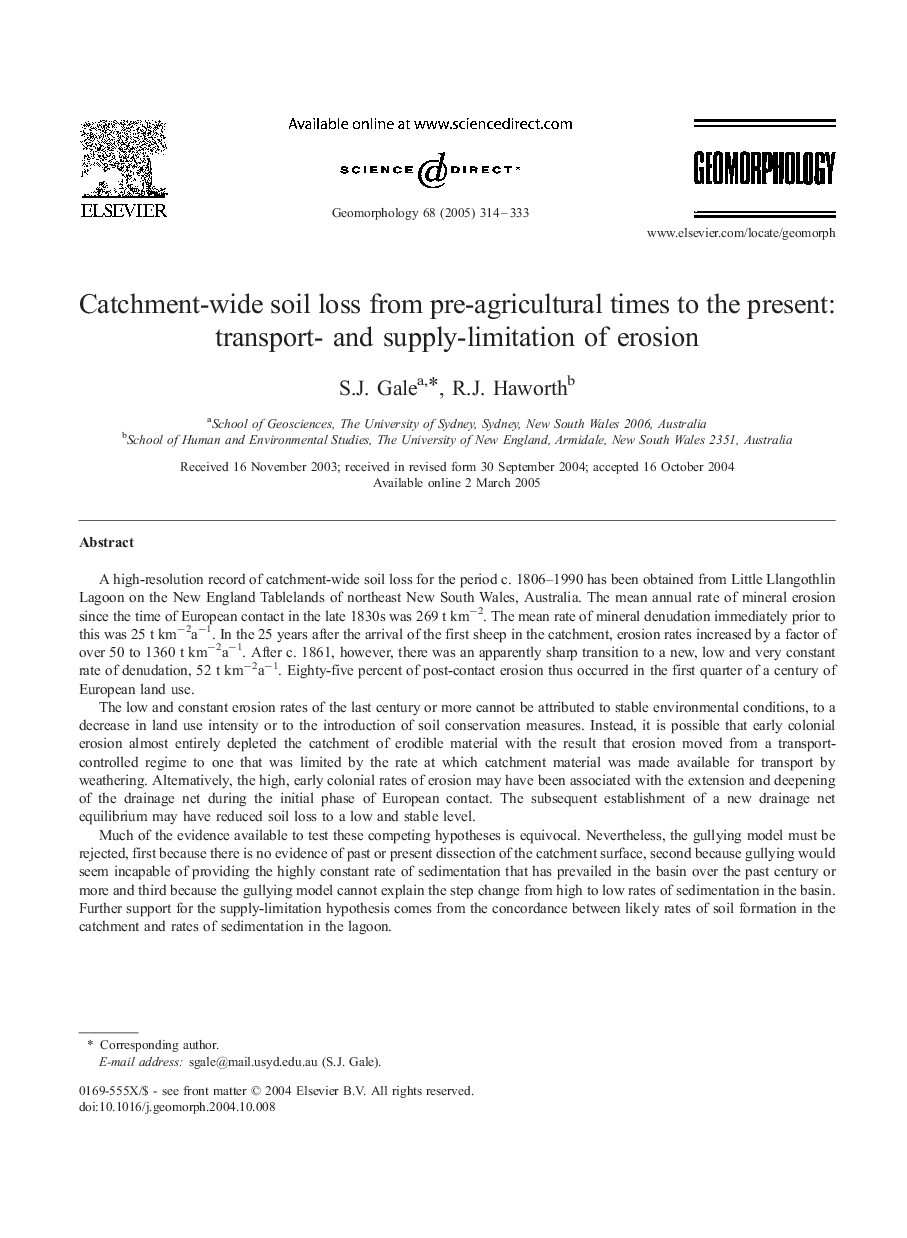 Catchment-wide soil loss from pre-agricultural times to the present: transport- and supply-limitation of erosion