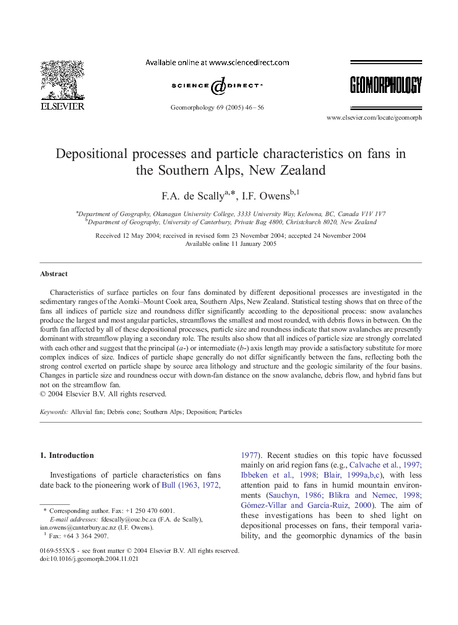 Depositional processes and particle characteristics on fans in the Southern Alps, New Zealand