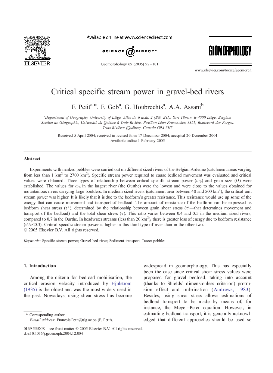 Critical specific stream power in gravel-bed rivers