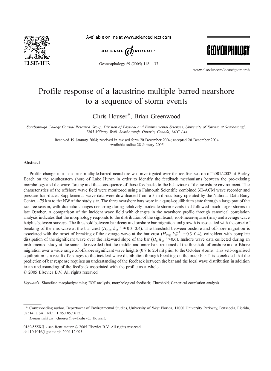 Profile response of a lacustrine multiple barred nearshore to a sequence of storm events