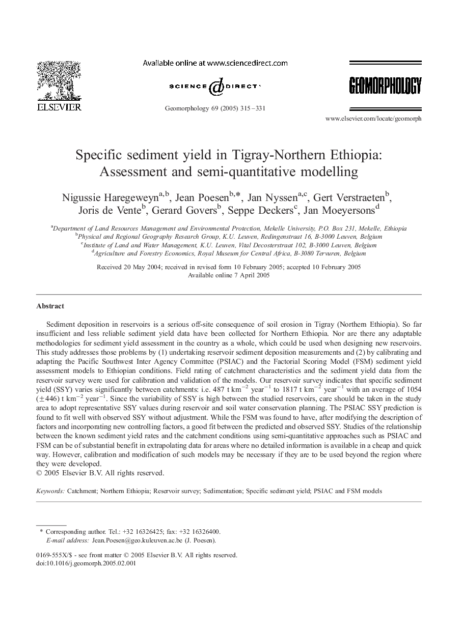 Specific sediment yield in Tigray-Northern Ethiopia: Assessment and semi-quantitative modelling