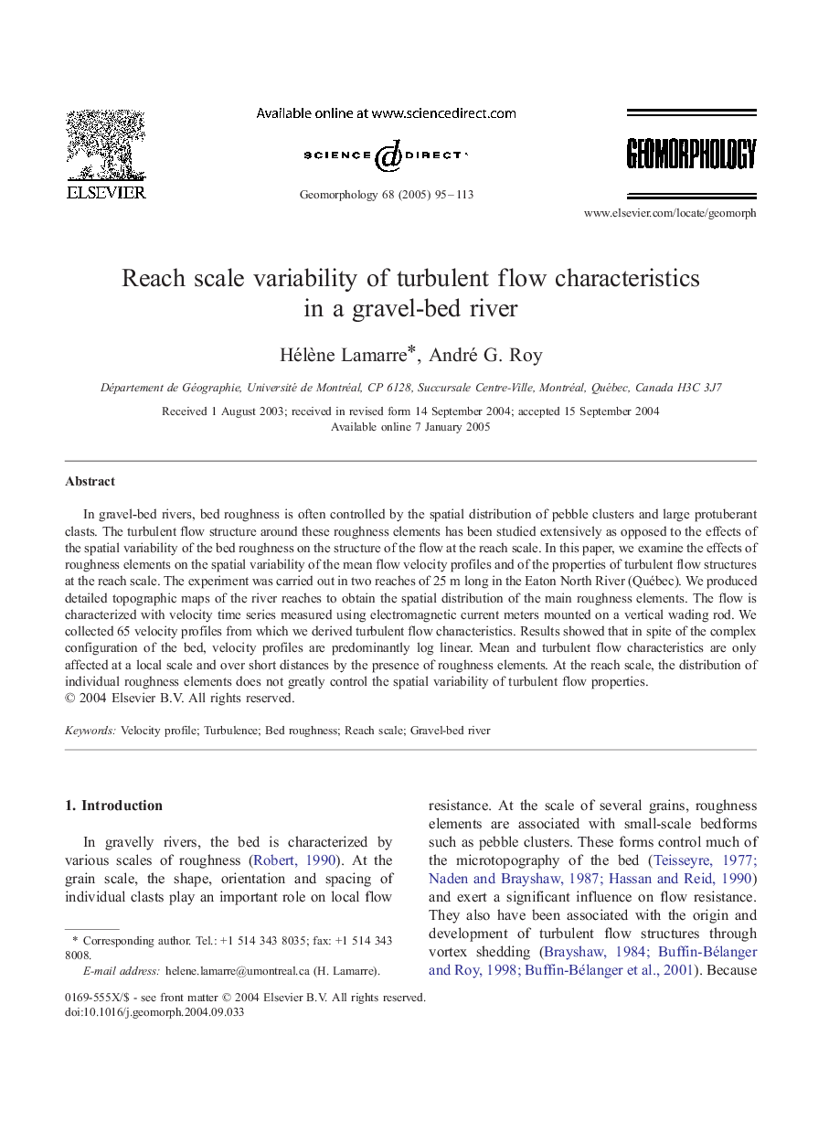 Reach scale variability of turbulent flow characteristics in a gravel-bed river