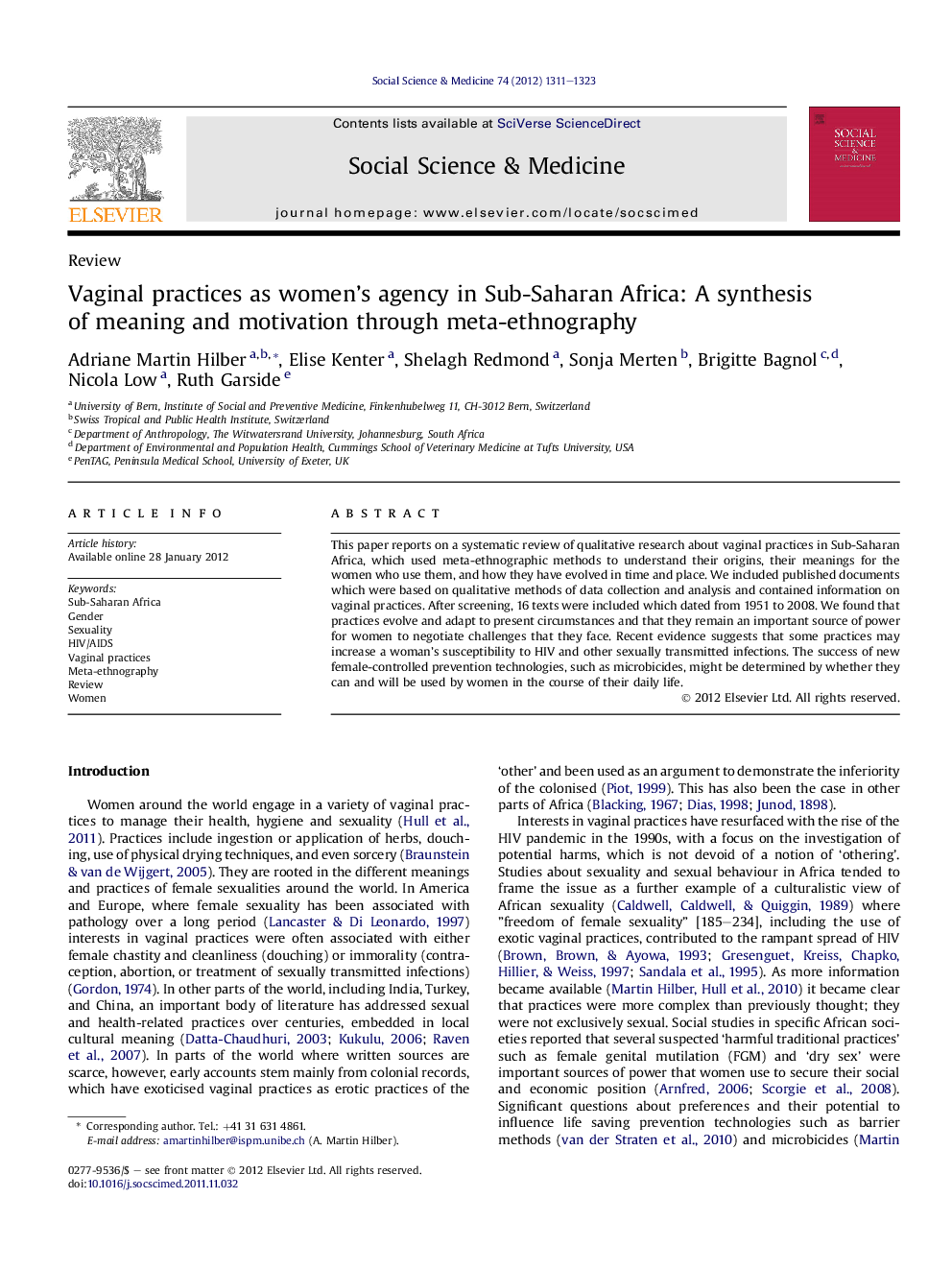 Vaginal practices as women's agency in Sub-Saharan Africa: A synthesis of meaning and motivation through meta-ethnography