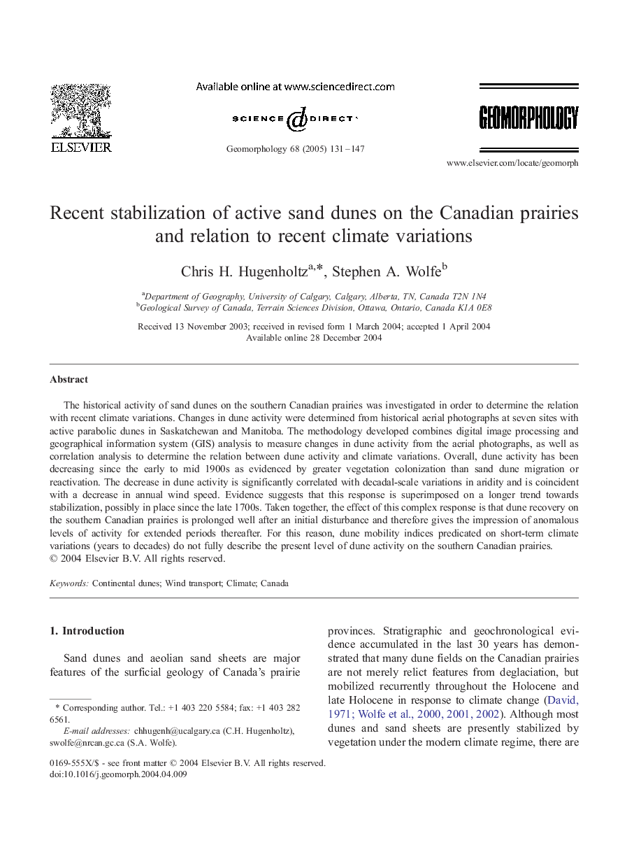 Recent stabilization of active sand dunes on the Canadian prairies and relation to recent climate variations