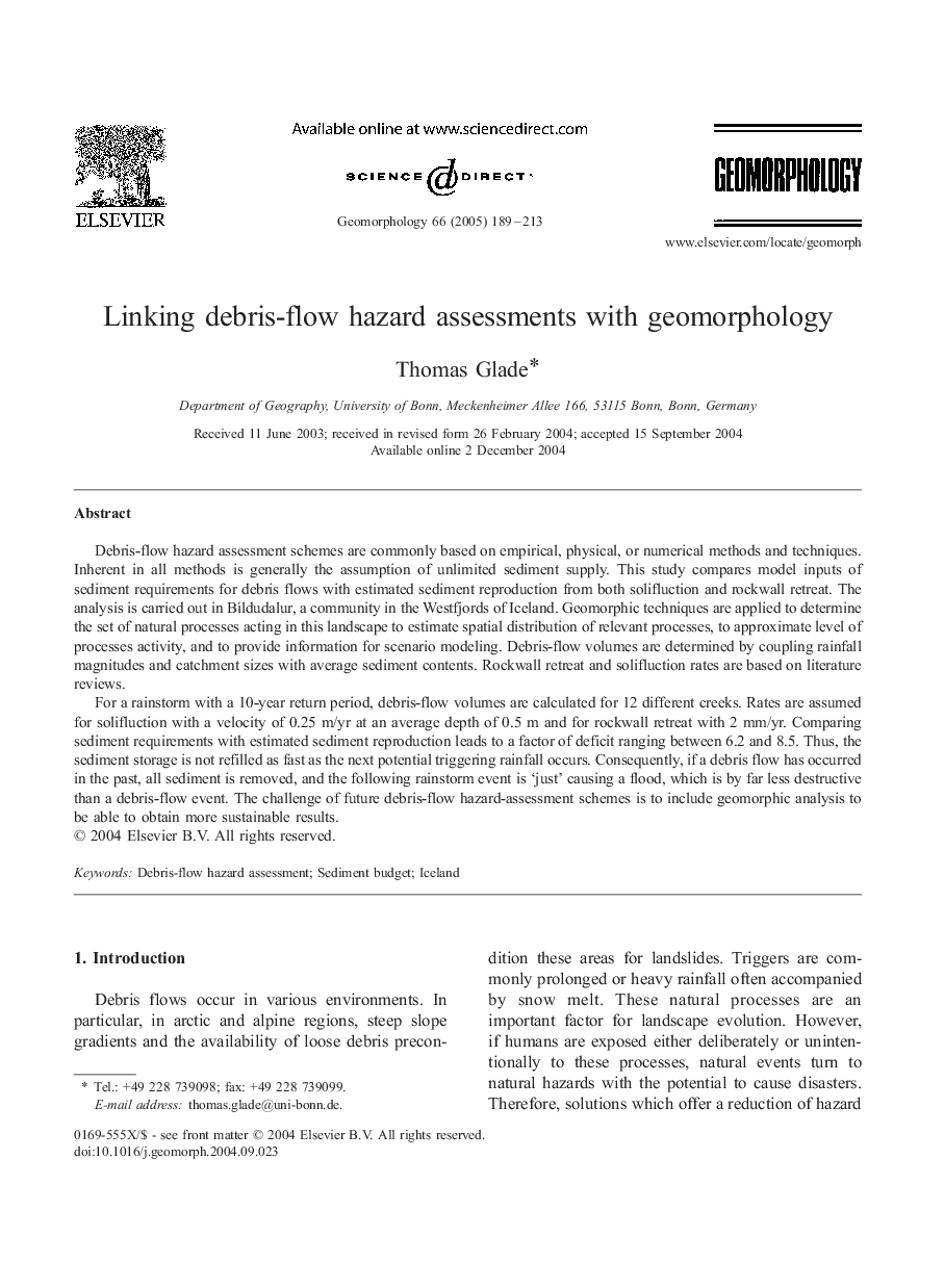 عکس صفحه اول مقاله: Linking debris-flow hazard assessments with geomorphology Linking debris-flow hazard assessments with geomorphology