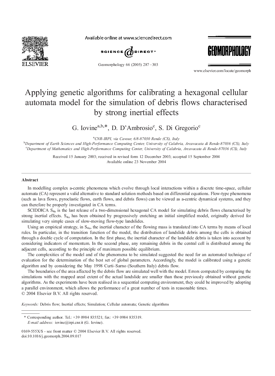 Applying genetic algorithms for calibrating a hexagonal cellular automata model for the simulation of debris flows characterised by strong inertial effects