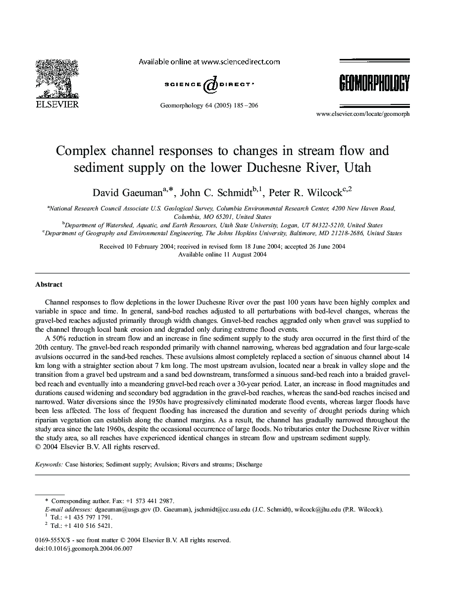 Complex channel responses to changes in stream flow and sediment supply on the lower Duchesne River, Utah