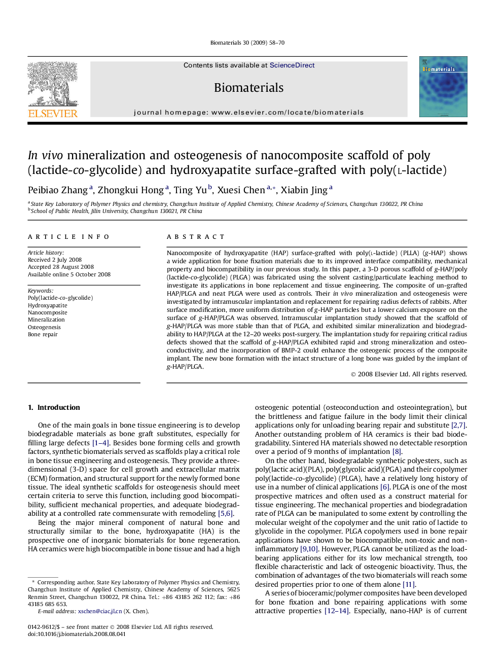 In vivo mineralization and osteogenesis of nanocomposite scaffold of poly(lactide-co-glycolide) and hydroxyapatite surface-grafted with poly(l-lactide)