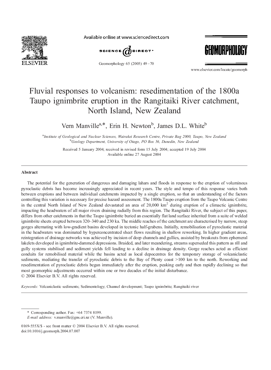 Fluvial responses to volcanism: resedimentation of the 1800a Taupo ignimbrite eruption in the Rangitaiki River catchment, North Island, New Zealand